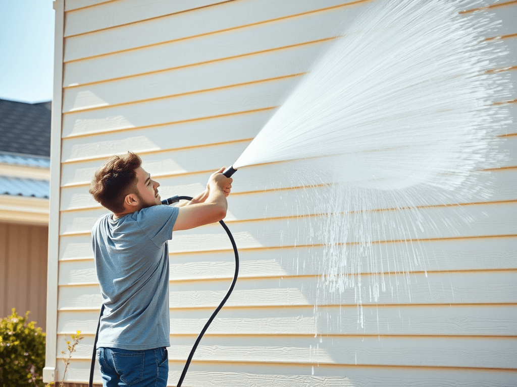 Technician pressure washing hard surfaces