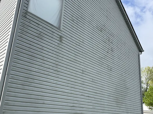 Grey vinyl siding streaked with dirt and algae before a house wash in Medina